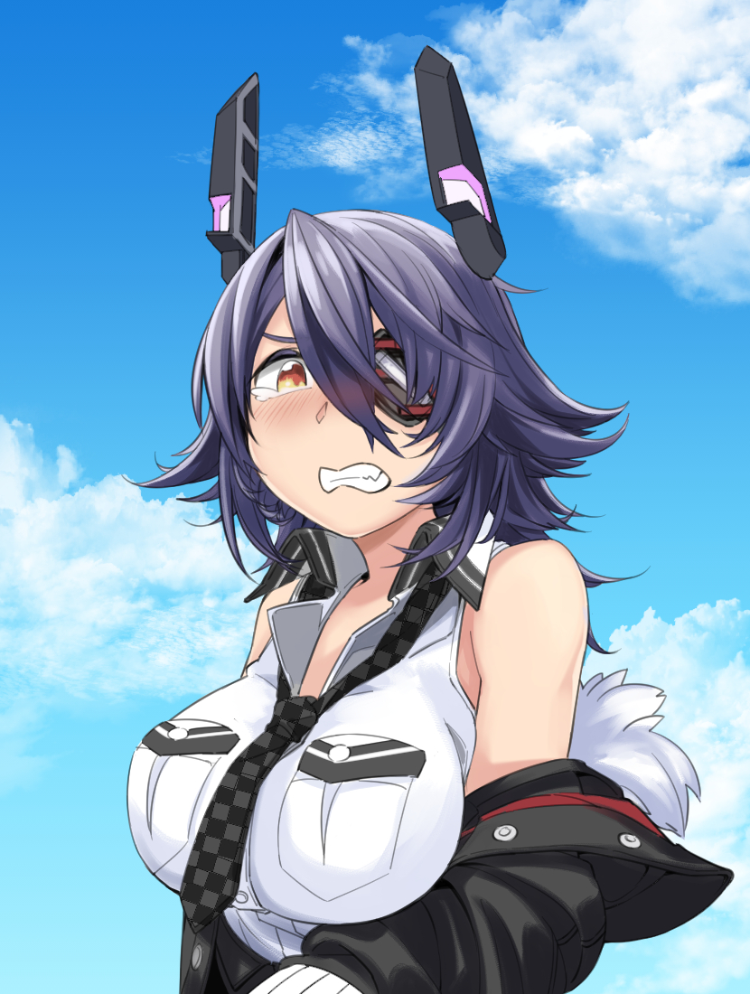 1girl black_jacket blue_sky blush breasts checkered checkered_neckwear clenched_teeth clouds eyepatch headgear jacket kantai_collection large_breasts medium_hair necktie orange_eyes purple_hair remodel_(kantai_collection) shirt sky sleeveless sleeveless_shirt solo tears teeth tenbin_gashira tenryuu_(kancolle) upper_body