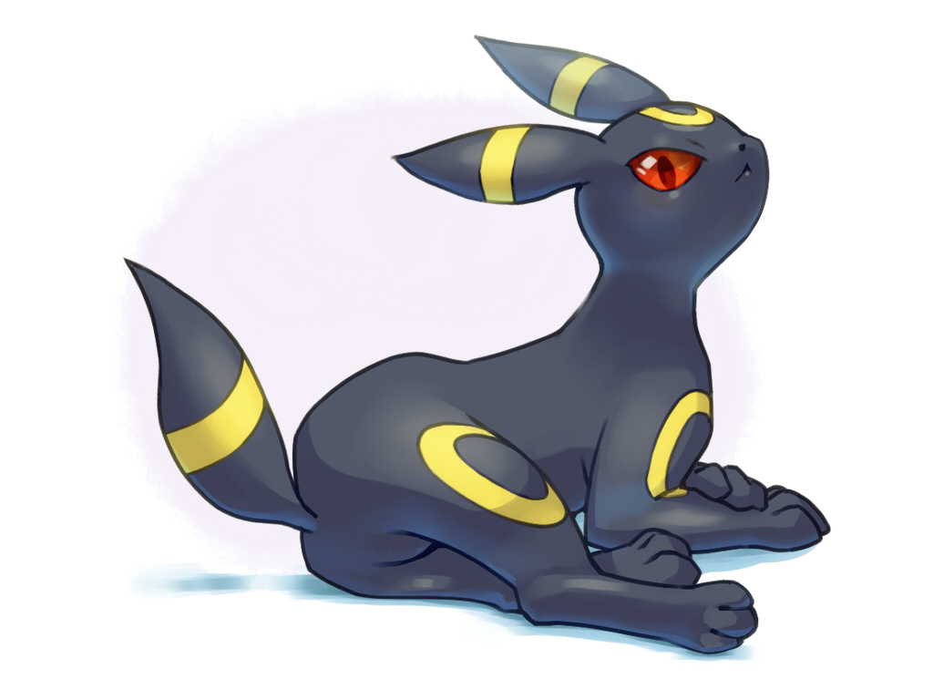 :&lt; closed_mouth commentary_request full_body gen_2_pokemon kikuyoshi_(tracco) looking_back lying no_humans paws pokemon pokemon_(creature) solo toes umbreon white_background