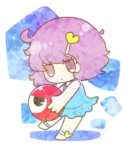 1girl alternate_costume ball bare_shoulders beachball blue_swimsuit chibi eyeball frilled_swimsuit frills hair_ornament hairclip heart heart_hair_ornament heart_of_string holding holding_ball holding_beachball ikururu komeiji_satori lowres one-piece_swimsuit purple_hair short_hair swimsuit third_eye touhou violet_eyes wavy_hair