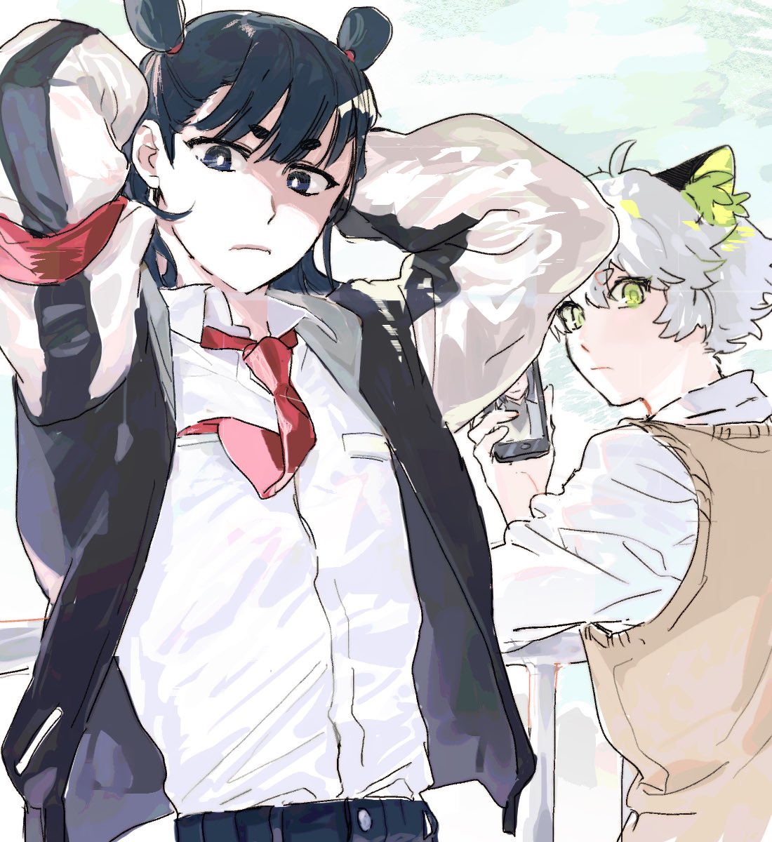 2boys animal_ears bangs black_eyes black_hair bright_pupils brown_sweater_vest cat_boy cat_ears collared_shirt commentary double_bun green_eyes highres holding holding_phone jacket looking_at_viewer luoxiaohei medium_hair multiple_boys necktie nezha_(the_legend_of_luoxiaohei) older phone red_neckwear shirt shirt_tucked_in short_hair symbol_commentary the_legend_of_luo_xiaohei upper_body white_hair white_pupils white_shirt yapnaso