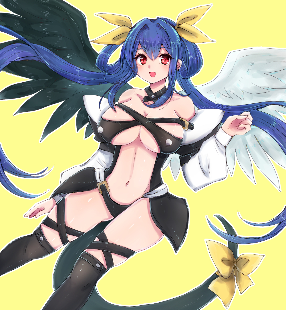 1girl black_legwear blue_hair breasts center_opening chemaru_(a8l) dizzy_(guilty_gear) guilty_gear guilty_gear_x guilty_gear_xx hair_between_eyes hair_ornament large_breasts long_hair looking_at_viewer navel red_eyes revealing_clothes ribbon tail thigh-highs twintails very_long_hair wings