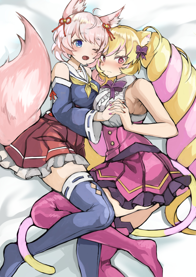 2girls ahoge animal_ears armpit_peek bed_sheet bell blonde_hair blue_eyes blush bow breasts cat_ears cat_girl cat_tail commentary detached_sleeves dress drill_hair fox_ears fox_girl fox_tail hair_bow heart heart_in_eye holding_hands howan_(show_by_rock!!) interlocked_fingers jingle_bell large_breasts long_hair mashima_himeko_(show_by_rock!!) medium_breasts multicolored_hair multiple_girls nail_polish no_shoes one_eye_closed open_mouth pink_hair puru red_eyes short_hair show_by_rock!! sideboob skirt smile symbol_in_eye tail thigh-highs twintails very_long_hair wavy_mouth white_hair yuri