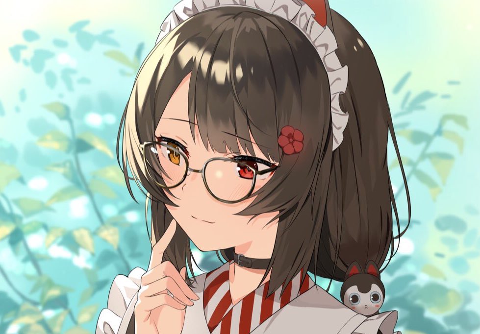 1girl animal_ears apron bangs black_collar black_hair black_kimono blurry blurry_background boots brown_hair brown_kimono collar cross-laced_footwear dog_ears dog_girl dog_hair_ornament dog_tail fang finger_to_mouth flower frilled_apron frills glasses hair_flower hair_ornament heterochromia inui_toko japanese_clothes kimono lace-up_boots long_hair long_sleeves low_twintails maid_headdress nijisanji plant red_eyes red_flower red_ribbon ribbon sen_(sennosenn1127) sleeves_past_fingers sleeves_past_wrists smile solo tail twintails very_long_hair virtual_youtuber wa_maid wide_sleeves yellow_eyes