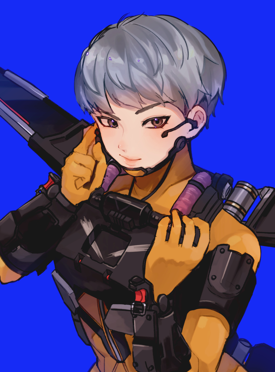 1girl apex_legends bangs blue_background bodysuit brown_eyes gloves grey_hair hair_behind_ear headset highres jetpack looking_to_the_side mechanical_wings mikoshiba_m orange_bodysuit orange_gloves short_hair smile solo upper_body valkyrie_(apex_legends) wings