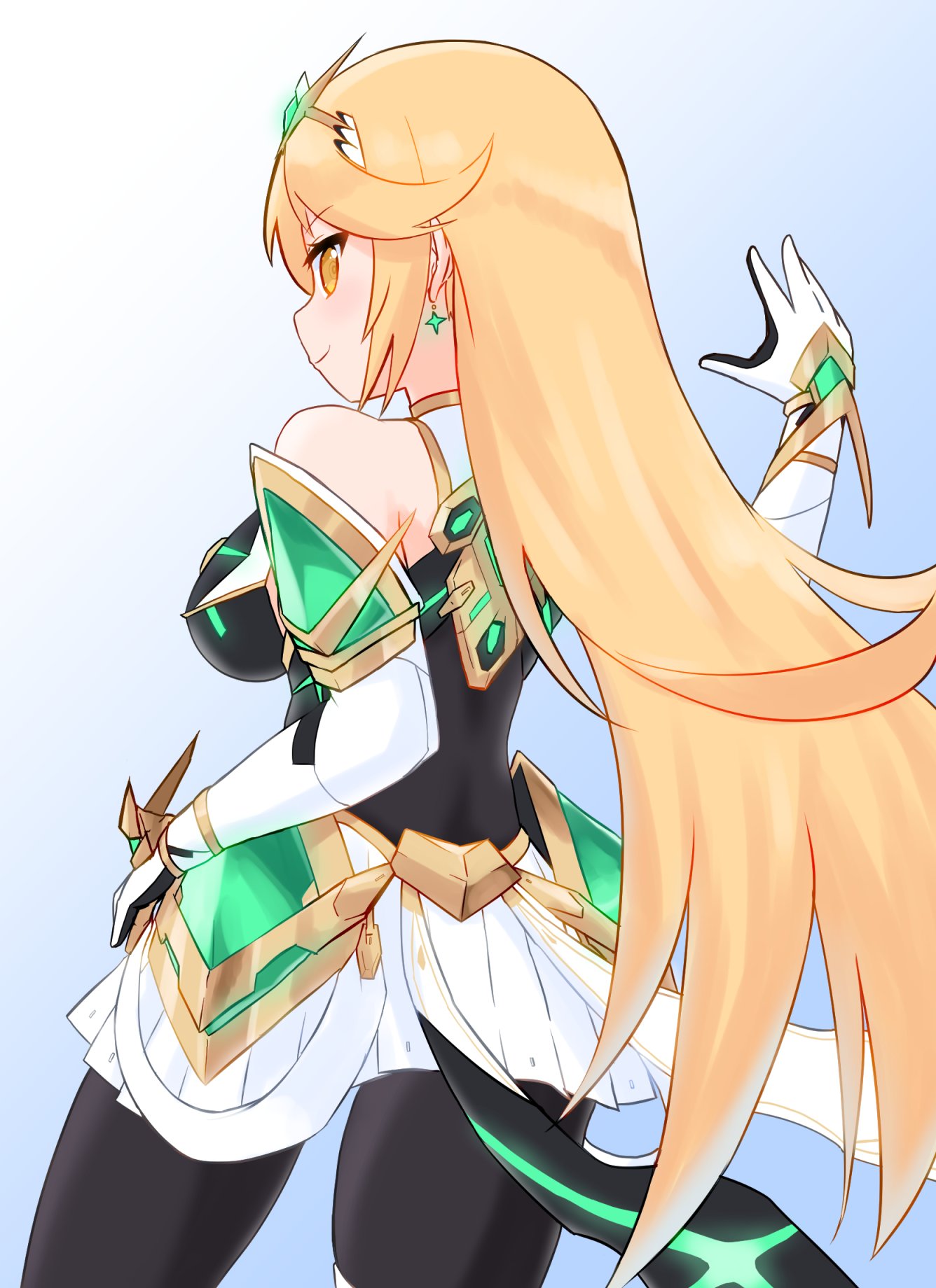 1girl bangs bare_shoulders black_legwear blonde_hair breasts chest_jewel commentary_request dress earrings elbow_gloves gloves highres jewelry large_breasts long_hair mythra_(massive_melee)_(xenoblade) mythra_(xenoblade) paskmel short_dress solo swept_bangs thigh_strap tiara very_long_hair white_dress white_gloves xenoblade_chronicles_(series) xenoblade_chronicles_2 yellow_eyes