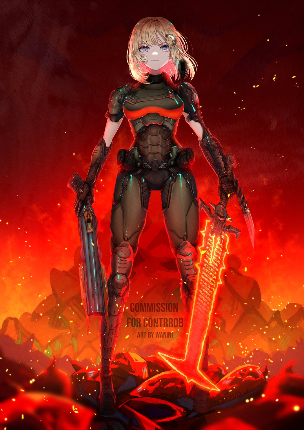 1girl arm_blade bangs blonde_hair blue_eyes breasts brown_gloves commission cosplay crucible_(doom) doom_(series) doom_eternal doomguy doomguy_(cosplay) english_commentary gloves gun highres holding holding_gun holding_sword holding_weapon hololive hololive_english medium_breasts power_armor shotgun shoulder_cannon smile solo sword v-shaped_eyebrows virtual_youtuber wani_(fadgrith) watermark watson_amelia weapon