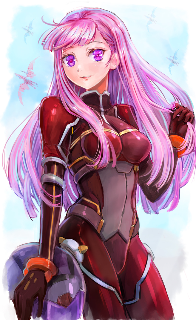 1girl bangs breasts fiona_(zoids_wild_zero) flying helmet holding holding_hair holding_helmet long_hair looking_at_viewer mecha parted_lips pilot_suit pink_hair science_fiction small_breasts sniptera solo uron_(user_mrcy4335) violet_eyes zoids zoids_wild_zero