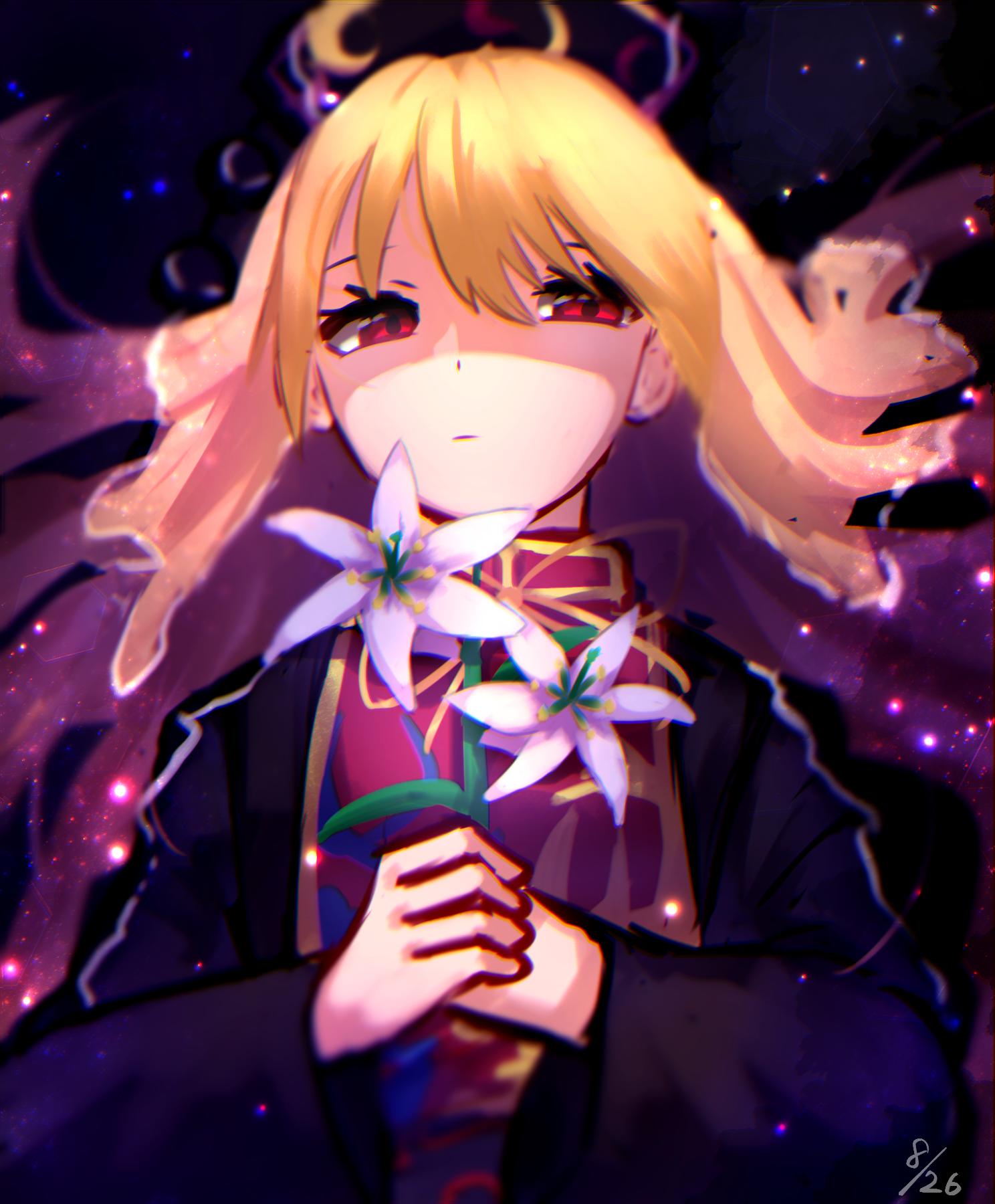 1girl bangs blonde_hair chinese_clothes closed_mouth flower highres junko_(touhou) lily_(flower) looking_at_viewer mozuno_(mozya_7) one-hour_drawing_challenge red_eyes solo touhou water