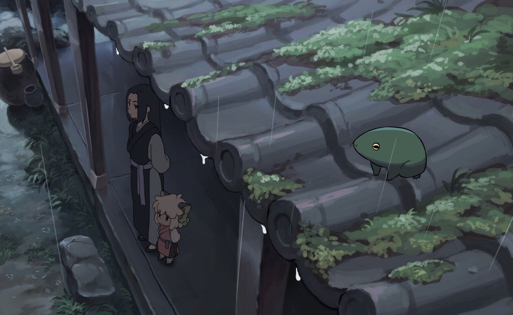 2boys 3me_da animal_ears black_hair cat_boy cat_ears dripping frog long_hair luoxiaohei moss multiple_boys outdoors rain ripples rock short_hair the_legend_of_luo_xiaohei white_hair wide_shot wuxian_(the_legend_of_luoxiaohei)