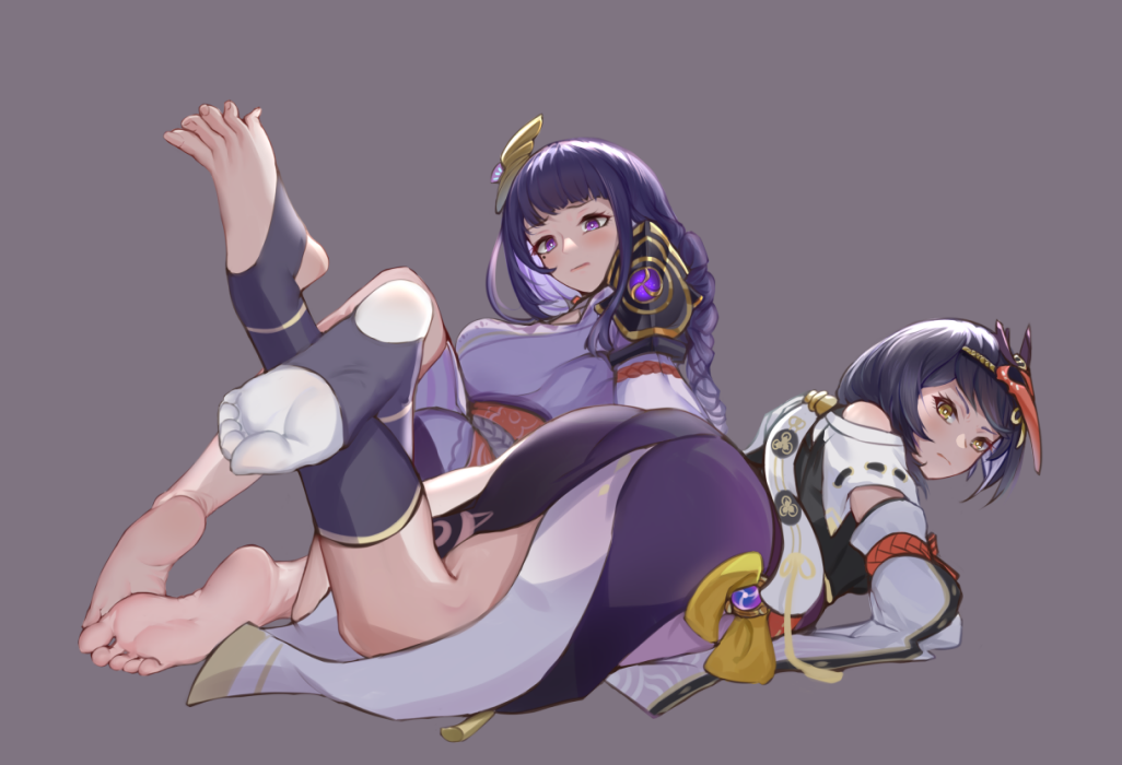 2girls barefoot braid braided_ponytail feet feet_up flower genshin_impact japanese_clothes kujou_sara legs long_hair looking_at_viewer mole mole_under_eye multiple_girls purple_flower purple_hair qingjiao_rou_si raiden_(genshin_impact) short_hair socks soles thigh-highs toes violet_eyes yellow_eyes