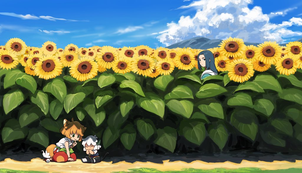 1girl 2boys 3me_da animal_ears black_hair blue_sky cat_boy cat_ears closed_eyes clouds cloudy_sky flower fox_ears fox_girl fox_tail leaf long_hair luoxiaohei multiple_boys orange_hair plant ruoshui_(the_legend_of_luoxiaohei) shadow short_hair short_sleeves sky sunflower tail the_legend_of_luo_xiaohei white_hair wide_shot wuxian_(the_legend_of_luoxiaohei) yellow_flower