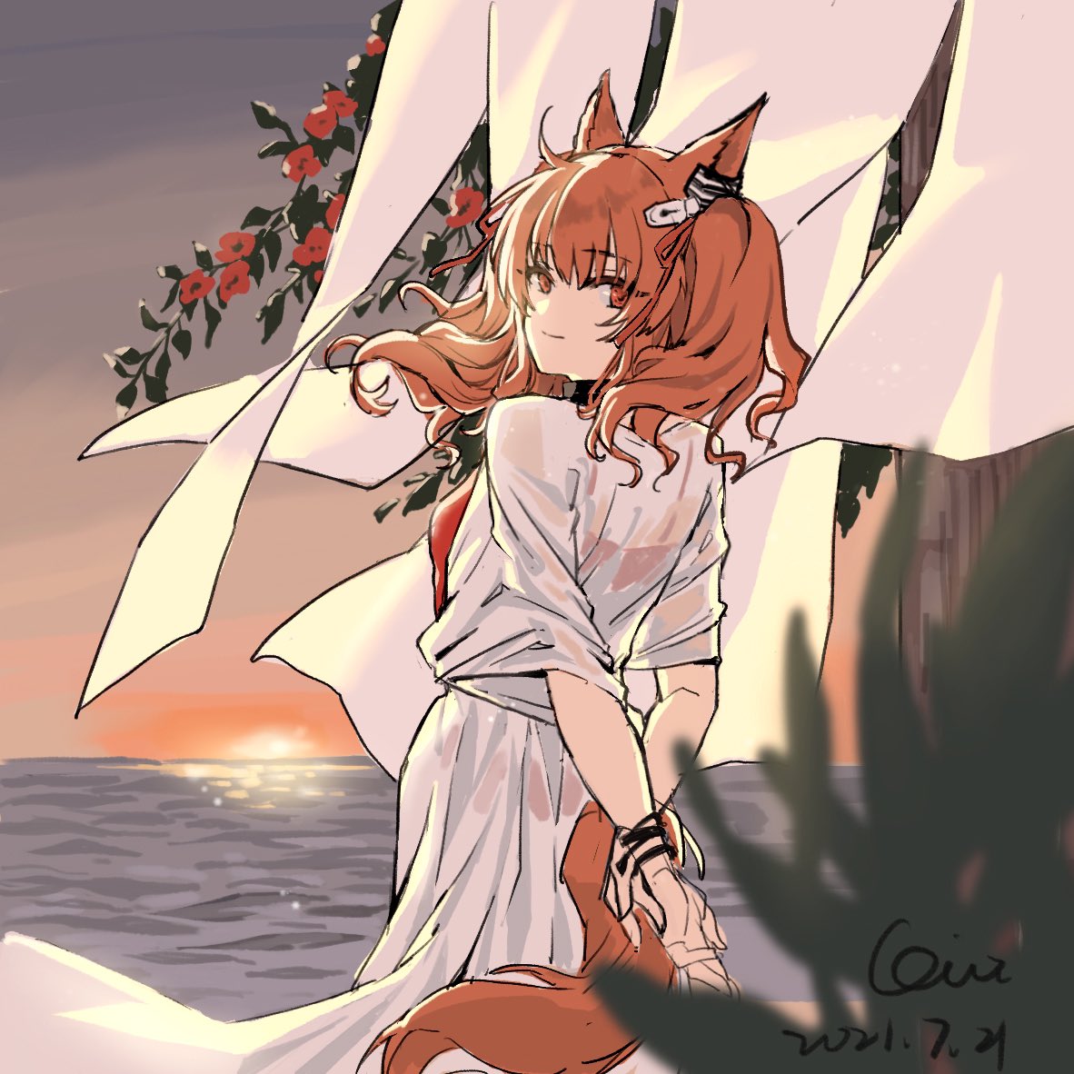 1girl angelina_(arknights) angelina_(summer_flowers)_(arknights) animal_ears arknights arms_behind_back bangs brown_hair closed_mouth eyebrows_visible_through_hair fox_ears fox_girl fox_tail iris@work long_hair official_alternate_costume red_eyes solo sunset tail twintails