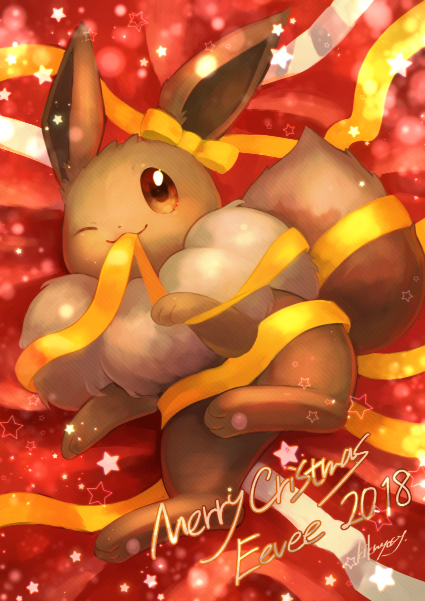 2018 bow brown_eyes character_name christmas closed_mouth commentary_request eevee full_body gen_1_pokemon highres kikuyoshi_(tracco) looking_at_viewer lying merry_christmas mouth_hold no_humans one_eye_closed paws pokemon pokemon_(creature) ribbon signature smile solo toes yellow_ribbon