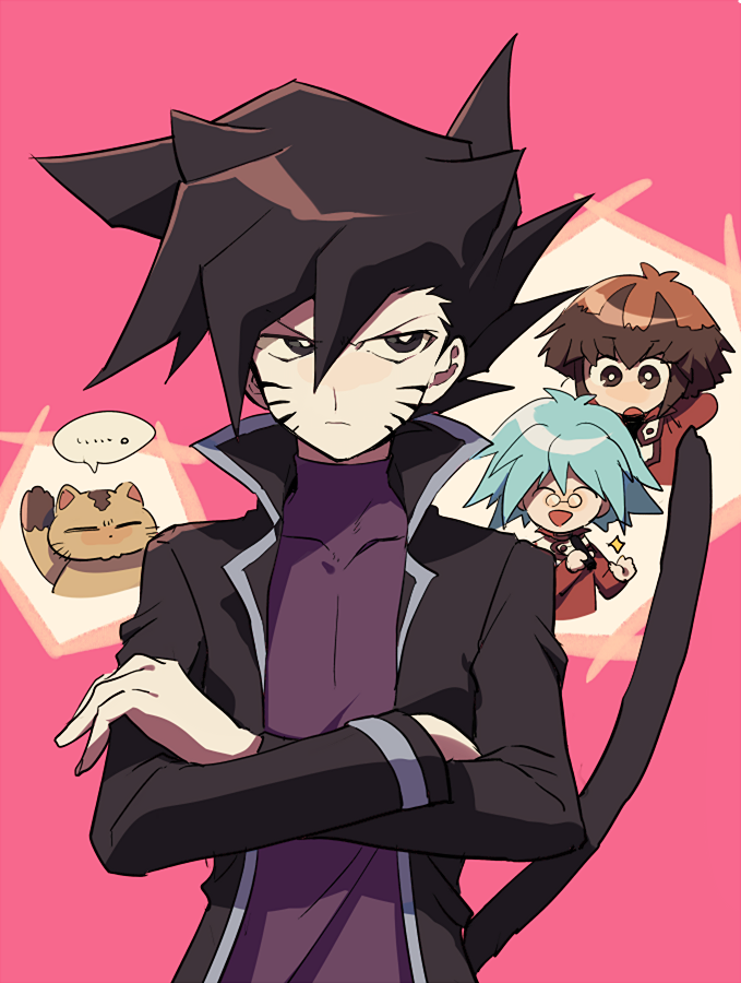 ... 3boys animal animal_ears aoki_(fumomo) aqua_hair bangs black_coat black_hair cat cat_ears cat_tail closed_eyes closed_mouth coat crossed_arms duel_academy_uniform_(yu-gi-oh!_gx) glasses hair_between_eyes high_collar long_sleeves male_focus manjoume_jun marufuji_shou multiple_boys open_mouth purple_shirt shirt simple_background spiky_hair tail upper_body yu-gi-oh! yu-gi-oh!_gx yuuki_juudai