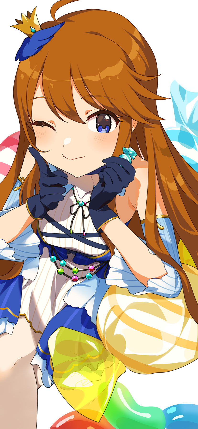 1girl ahoge black_ribbon blue_eyes blue_gloves blush brown_hair candy closed_mouth crown finger_to_cheek food gloves highres holding holding_candy holding_food idolmaster idolmaster_million_live! idolmaster_million_live!_theater_days inuyama_nanami long_hair looking_at_viewer mini_crown neck_ribbon one_eye_closed ribbon sitting smile solo tokoro_megumi white_background
