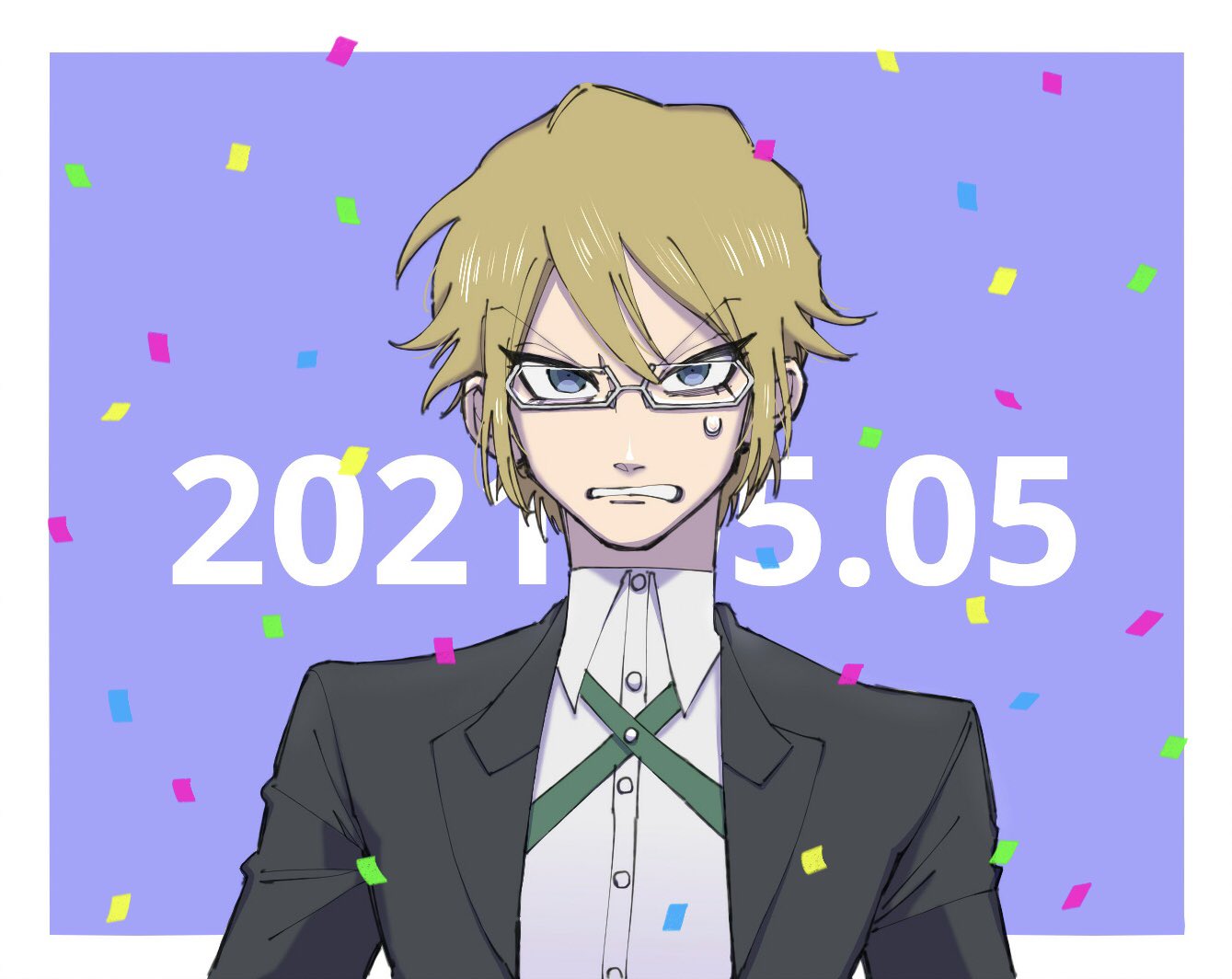 1boy bangs black_jacket blonde_hair blue_background border clenched_teeth collared_shirt dangan_ronpa:_trigger_happy_havoc dangan_ronpa_(series) dated dress_shirt glass glasses jacket looking_at_viewer male_focus mokuzou_(mokumokuzo) open_clothes portrait shiny shiny_hair shirt short_hair solo sweatdrop teeth togami_byakuya upper_body white_border