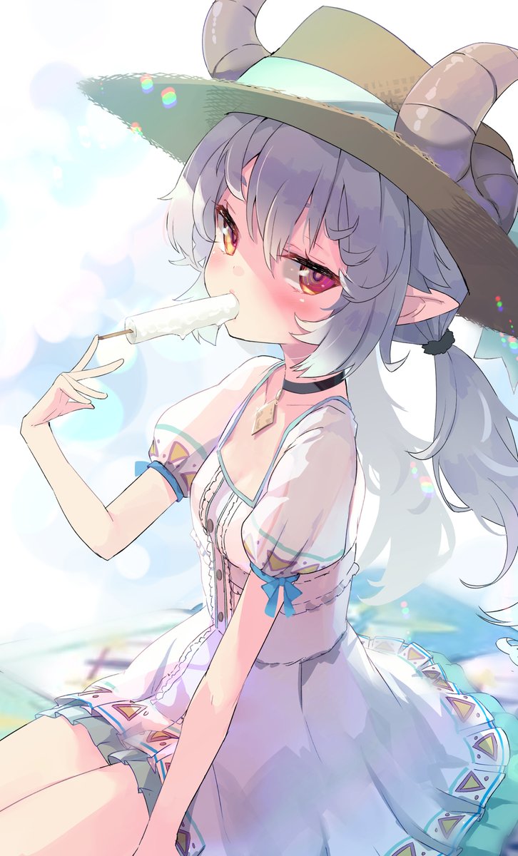 1girl blue_ribbon blush breasts curly_hair dress eating food gremory_(king's_raid) grey_hair hat highres horns ice_cream jewelry king's_raid looking_at_viewer nyahu_(nyahu_77) patterned_clothing pendant pointy_ears red_eyes ribbon seat small_breasts solo straw_hat summer sundress thighs triangle twintails white_dress