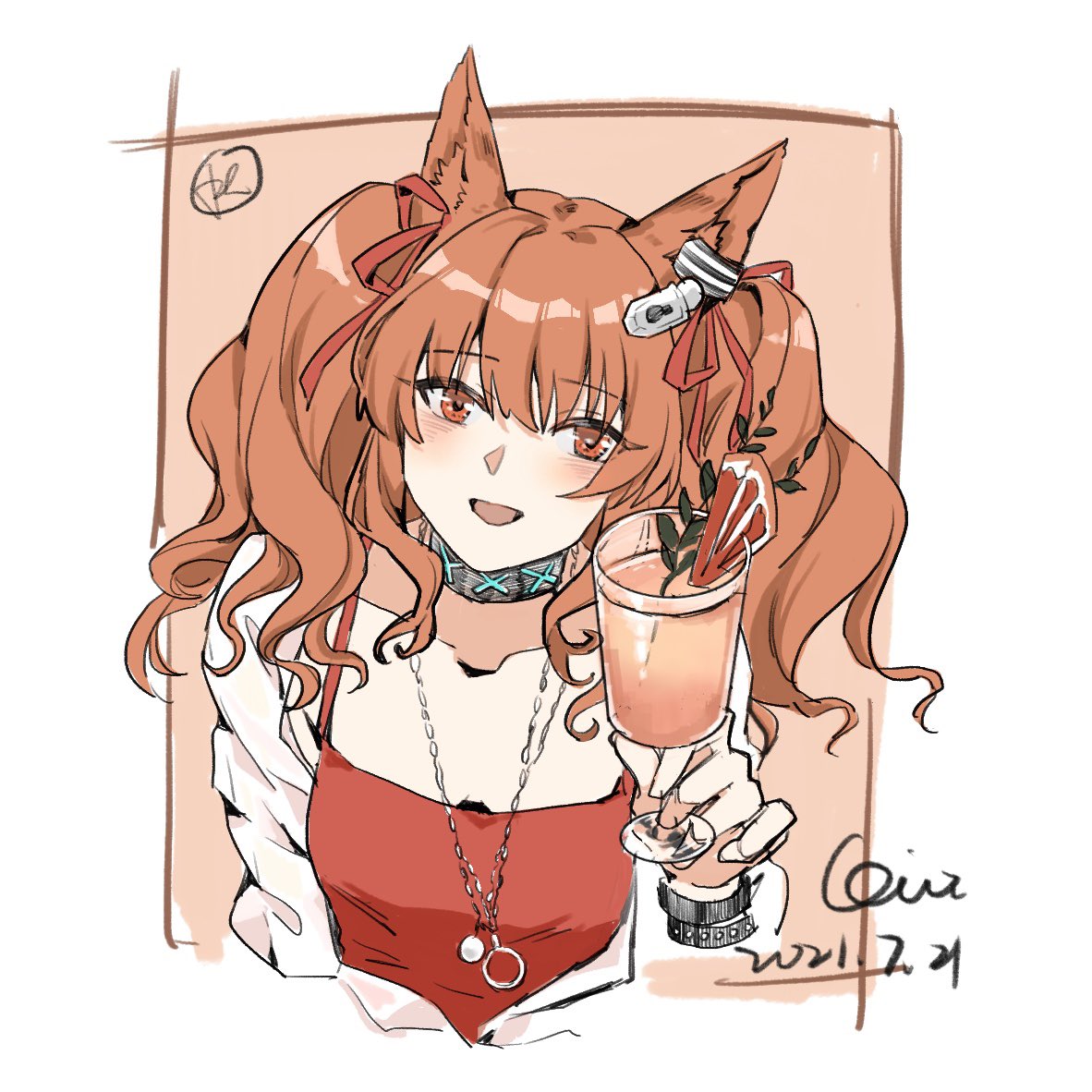 1girl angelina_(arknights) angelina_(summer_flowers)_(arknights) animal_ears arknights bangs blush brown_hair cocktail cup drink drinking_glass eyebrows_visible_through_hair fox_ears fox_girl infection_monitor_(arknights) iris@work long_hair official_alternate_costume red_eyes solo twintails upper_body