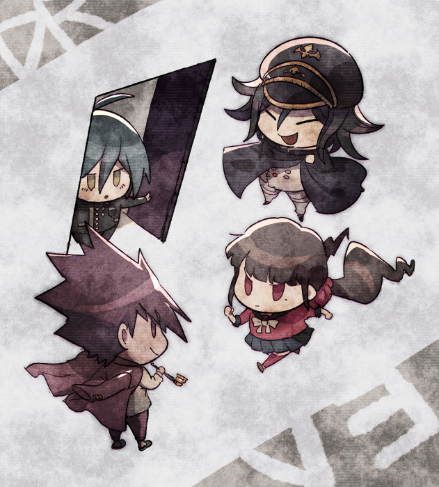 :/ aoki_(fumomo) bangs black_cape black_headwear black_skirt brown_eyes buttons cape checkered checkered_scarf chibi closed_eyes commentary_request dangan_ronpa_(series) dangan_ronpa_v3:_killing_harmony door double-breasted flipped_hair grey_background hair_between_eyes hair_ornament hair_scrunchie harukawa_maki holding holding_pipe jacket jacket_on_shoulders long_hair long_sleeves looking_at_another mole mole_under_eye momota_kaito open_door open_mouth ouma_kokichi pants pink_blood pink_jacket pink_pants pipe red_scrunchie red_shirt running saihara_shuuichi scarf scrunchie serious shirt short_hair skirt translation_request