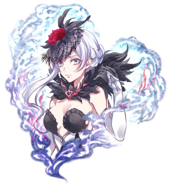 1girl closed_mouth elbow_gloves feather_hair_ornament feathers fur_trim gloves grey_eyes hair_bun hair_ornament headdress looking_at_viewer okasi_mgmgmg short_hair sidelocks simple_background sinoalice smile smoke snow_white_(sinoalice) solo white_background white_hair