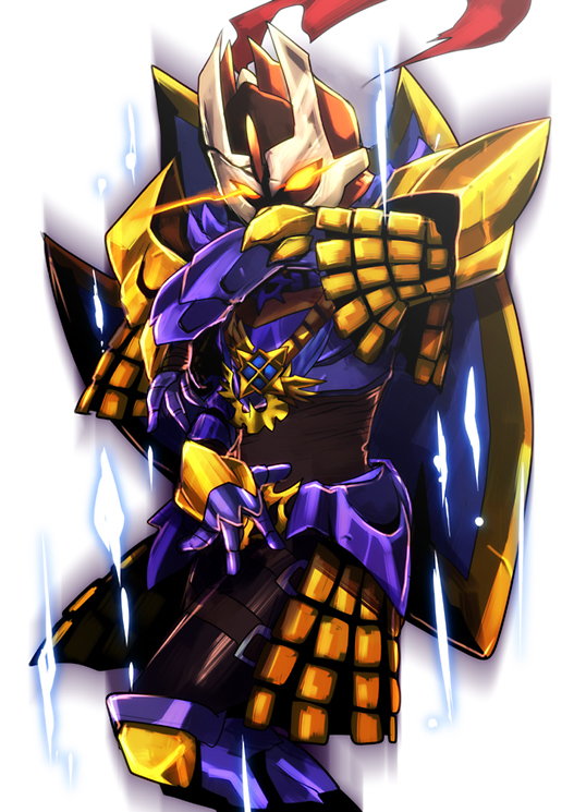 1boy alternate_color armor armored_boots aura boots breastplate commentary_request emon-yu feet_out_of_frame garter_straps glowing glowing_eyes helmet looking_at_viewer male_focus pauldrons purple_armor ragnarok_online royal_guard_(ragnarok_online) shield shoulder_armor simple_background solo white_background