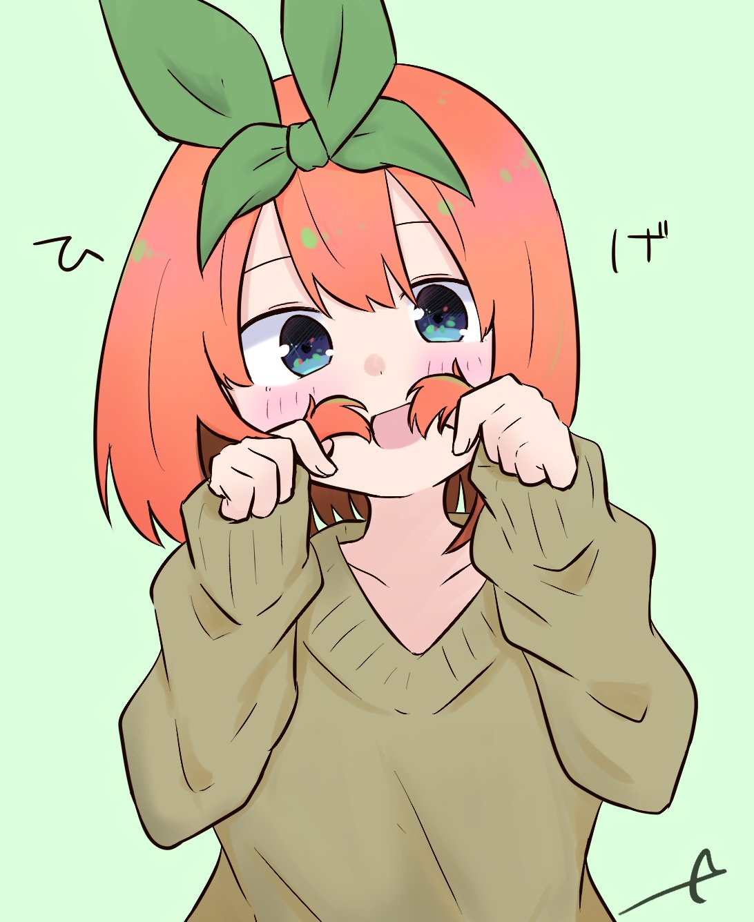 1girl :d bangs blue_eyes blush brown_sweater commentary_request eyebrows_behind_hair go-toubun_no_hanayome green_background green_ribbon hair_between_eyes hair_ribbon hands_up head_tilt highres kujou_karasuma long_sleeves looking_at_viewer nakano_yotsuba open_mouth orange_hair ribbon signature simple_background sleeves_past_wrists smile solo sweater upper_body