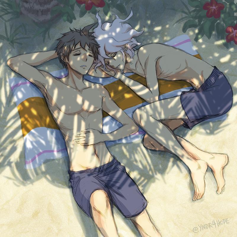 2boys ahoge arm_behind_head arm_up bangs barefoot beach black_hair brown_hair closed_eyes collarbone commentary dangan_ronpa_(series) dangan_ronpa_2:_goodbye_despair facing_viewer foreshortening grey_hair hand_on_own_stomach hinata_hajime komaeda_nagito lying male_focus male_swimwear multiple_boys navel on_side parted_lips short_hair sleeping swim_trunks teeth tree_shade twitter_username yandr4hope