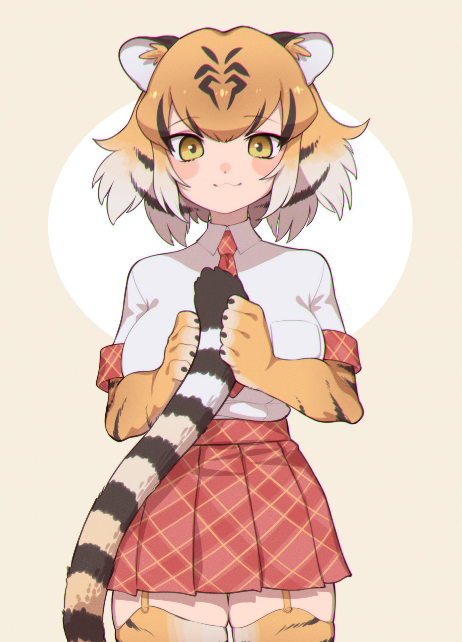 :3 animal_ears animal_print black_hair collared_shirt commentary_request cowboy_shot elbow_gloves eyebrows_visible_through_hair garter_straps gloves highres holding_tail kemono_friends looking_at_viewer multicolored_hair necktie notora orange_hair plaid plaid_neckwear plaid_skirt plaid_trim pleated_skirt print_gloves print_legwear red_neckwear red_skirt shirt short_hair short_sleeves skirt smile t-shirt tail thigh-highs tiger_(kemono_friends) tiger_ears tiger_girl tiger_print tiger_tail white_hair yellow_eyes zettai_ryouiki