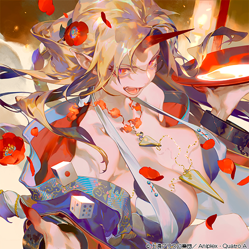 1girl blonde_hair breasts clothing_request cup dice flower hair_flower hair_ornament horns hoshiguma_yuugi large_breasts looking_at_viewer open_mouth petals pointy_ears red_eyes rei_(sanbonzakura) sakazuki single_horn solo touhou wrist_cuffs