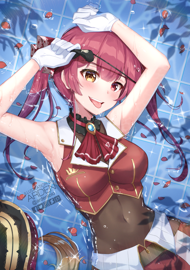 1girl ardenlolo armpits arms_up ascot bare_arms bare_shoulders breasts brooch covered_navel crop_top cropped_vest eyepatch gloves gold_trim hat hat_removed headwear_removed heterochromia hololive houshou_marine jewelry large_breasts long_hair looking_at_viewer lying midriff on_back pirate_hat red_eyes red_vest redhead solo twintails upper_body vest virtual_youtuber water wet white_gloves yellow_eyes