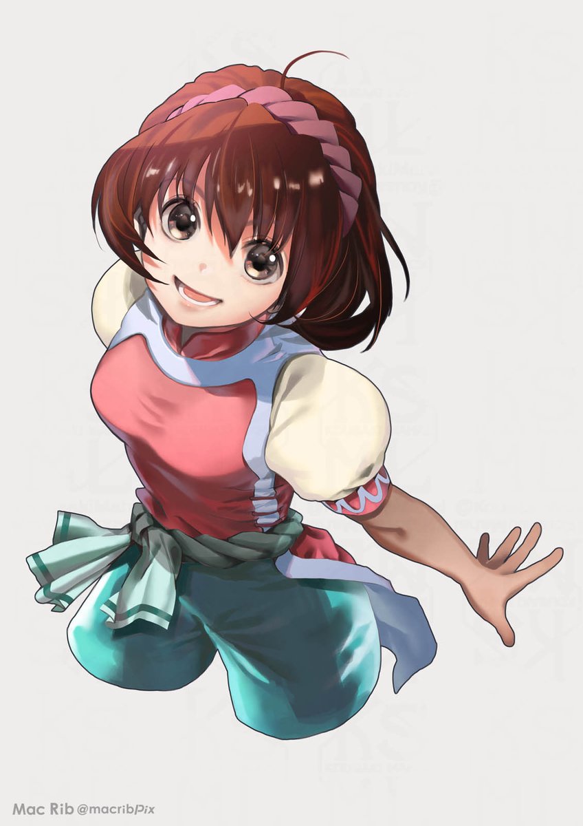 1girl :d breasts brown_eyes brown_hair gensou_suikoden gensou_suikoden_ii hairband highres looking_at_viewer macrib nanami_(suikoden) open_mouth pants shirt short_hair simple_background smile solo
