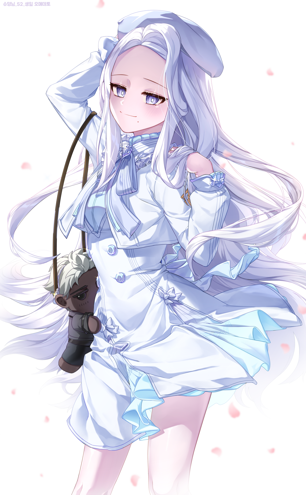 1girl arm_up bag beret bow bowtie buttons closed_mouth commentary cropped_jacket double-breasted dress floating_hair forehead frills glint half-closed_eyes hand_in_hair hand_on_headwear hand_up handbag hat highres hm_(wonhml) jacket long_hair long_sleeves looking_at_viewer mabinogi mole mole_under_mouth original petals shiny shiny_hair shiny_skin short_dress sidelocks simple_background smile solo standing symbol_commentary very_long_hair violet_eyes white_background white_bow white_dress white_hair white_headwear white_jacket white_neckwear wind