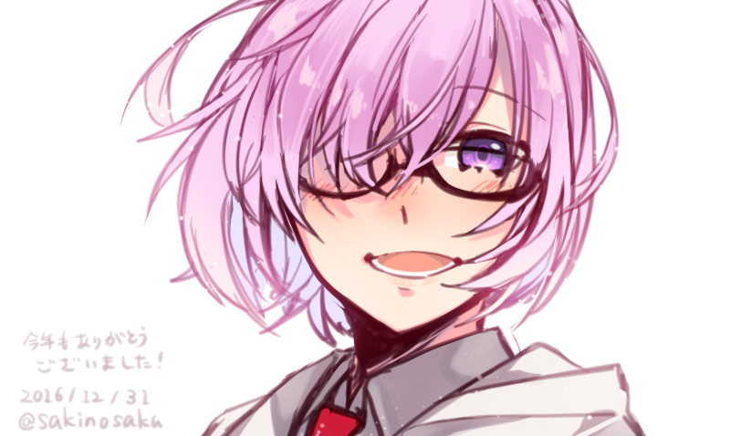 1girl bangs eyebrows_behind_hair eyebrows_visible_through_hair fate/grand_order fate_(series) glasses hair_over_one_eye looking_at_viewer mash_kyrielight necktie open_mouth purple_hair sakino_saku shirt simple_background smile solo upper_body violet_eyes white_background