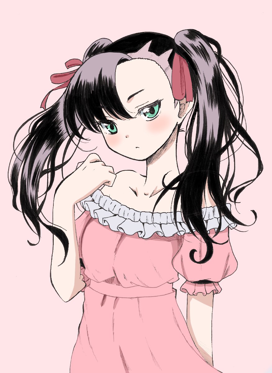 1girl :&lt; asymmetrical_bangs bangs black_hair blush collarbone dress emapippi floating_hair frilled_dress frills green_eyes hair_ribbon highres long_hair looking_at_viewer marnie_(pokemon) pink_background pink_dress pokemon pokemon_(game) pokemon_swsh red_ribbon ribbon short_sleeves simple_background solo strapless strapless_dress upper_body