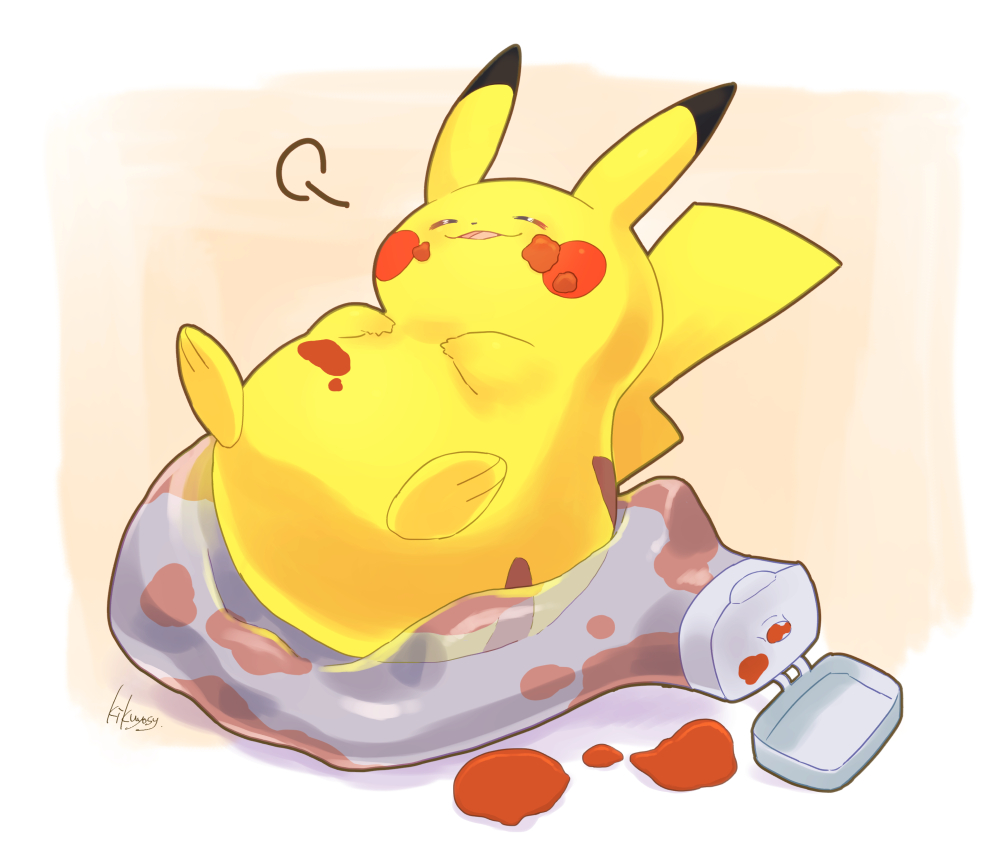 =3 closed_eyes commentary_request food food_on_face gen_1_pokemon ketchup ketchup_bottle kikuyoshi_(tracco) lying no_humans on_back open_mouth pikachu pokemon pokemon_(creature) signature smile solo tongue