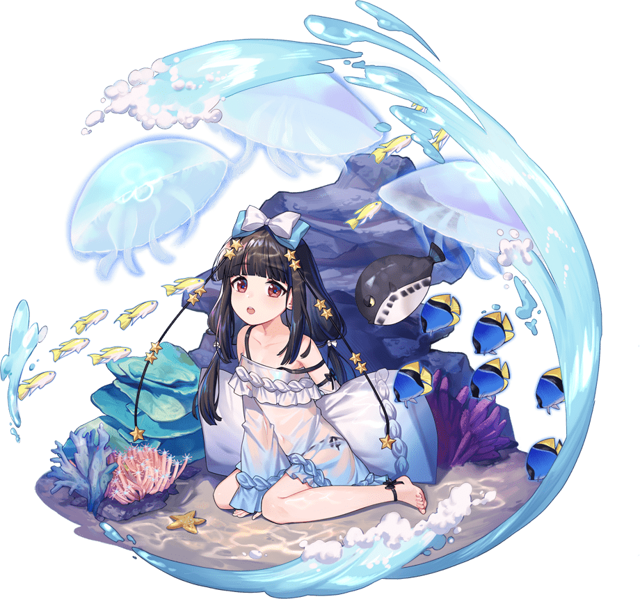 1girl :o ankle_ribbon ark_order artist_request bangs barefoot black_hair black_panties black_ribbon coral dress fish frilled_dress frills hair_ornament jellyfish long_hair long_sleeves looking_at_viewer low_twintails nakisawame_(ark_order) official_art panties red_eyes ribbon rock sand sea_anemone side-tie_panties sitting solo spaghetti_strap star_(symbol) star_hair_ornament starfish tachi-e toenails twintails underwear wariza water waves wet wet_clothes wet_dress white_dress