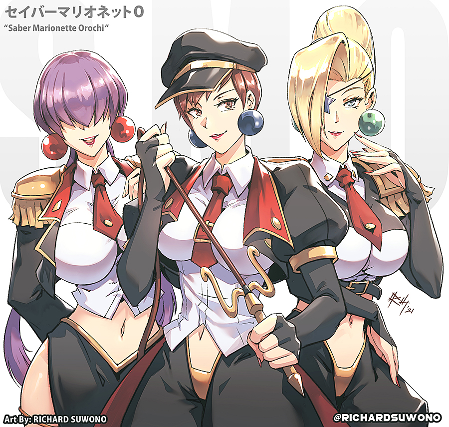 3girls blonde_hair breasts bridal_gauntlets cosplay eyepatch hair_over_eyes hair_over_one_eye hat luchs luchs_(cosplay) mature_(kof) midriff multiple_girls navel necktie panther_(saber_j) panther_(saber_j)_(cosplay) richard_suwono saber_marionette_j shermie_(kof) short_hair skirt smile star_eyepatch stomach the_king_of_fighters tiger_(saber_j) tiger_(saber_j)_(cosplay) upper_body very_short_hair vice_(kof) whip