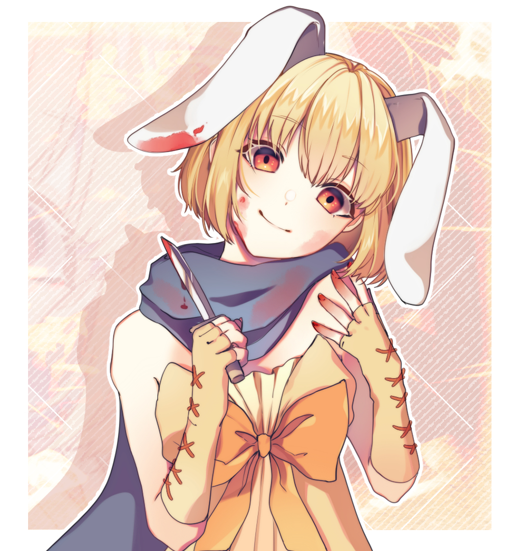 1girl animal_ears bangs bare_shoulders blonde_hair blood bloody_weapon border bow brown_gloves closed_mouth eyebrows_visible_through_hair fingerless_gloves gloves green_scarf hands_up head_tilt holding holding_knife knife looking_at_viewer orange_bow rabbit_ears red_nails scarf shiny shiny_hair short_hair smile solo utau weapon white_border yen-mi