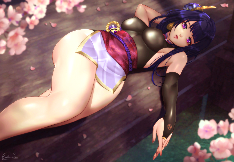 1girl bangs bare_shoulders breasts bridal_gauntlets cherry_blossoms commentary elbow_gloves english_commentary esther fingernails flower genshin_impact gloves hair_ornament long_fingernails long_hair looking_at_viewer lying medium_breasts mitsudomoe_(shape) mole mole_under_eye on_back open_mouth parted_lips petals purple_flower purple_hair ribbon sash sharp_fingernails single_bridal_gauntlet sleeveless solo thighs tomoe_(symbol) violet_eyes