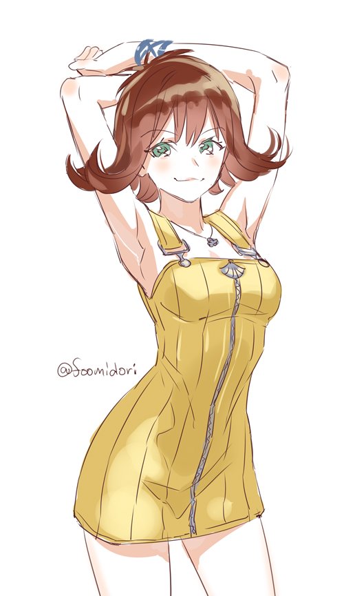 1girl banned_artist breasts brown_hair closed_mouth dress final_fantasy final_fantasy_viii flipped_hair green_eyes jewelry looking_at_viewer midori_foo necklace selphie_tilmitt short_hair simple_background smile solo white_background yellow_dress