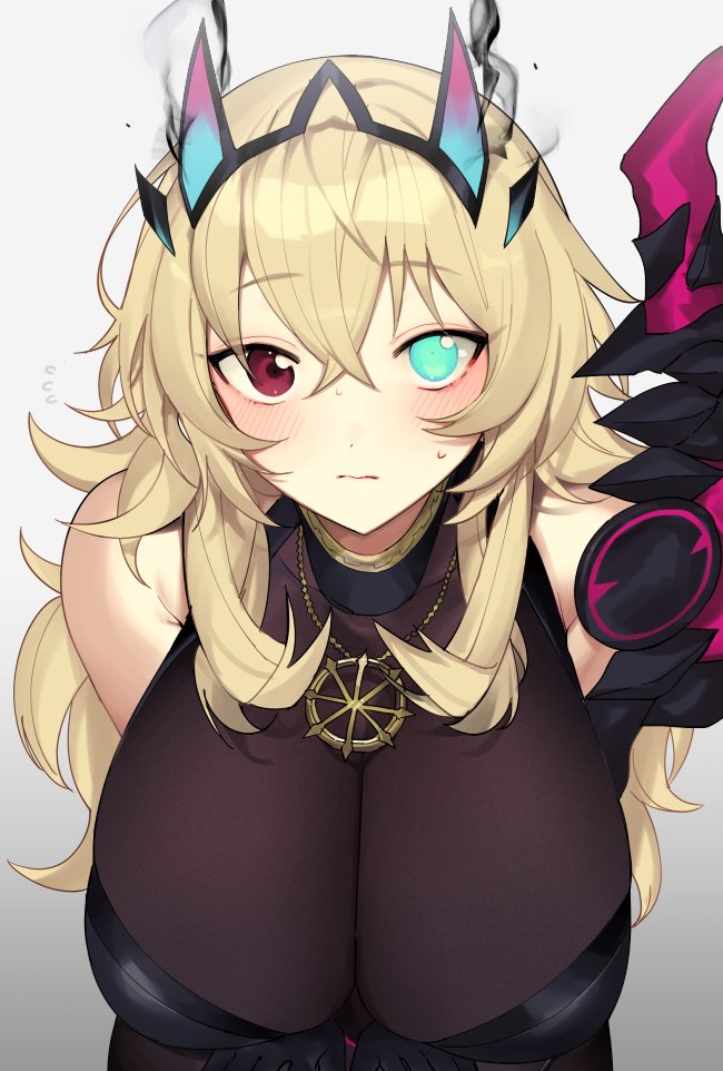 1girl blonde_hair blush breasts darkness fairy_knight_gawain_(fate) fate/grand_order fate_(series) hands_on_own_thighs heterochromia huge_breasts jewelry leaning_forward pendant tan_(inka)