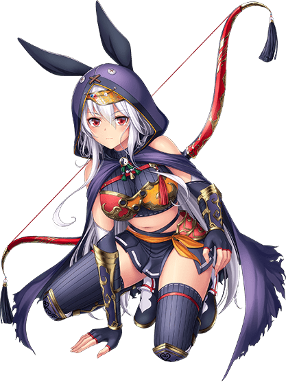 1girl animal_ears bangs between_legs black_gloves black_legwear black_skirt blush bow_(weapon) breasts closed_mouth elbow_gloves eyebrows_visible_through_hair fake_animal_ears fingerless_gloves full_body game_cg gloves hair_between_eyes hand_between_legs kneeling large_breasts long_hair midriff miniskirt navel official_art pleated_skirt rabbit_ears side_slit silver_hair skirt solo stomach striped striped_legwear taishi_ci_(tokimeki_general_girls_x) thigh-highs tokimeki_general_girls_x transparent_background vertical-striped_legwear vertical_stripes very_long_hair weapon zettai_ryouiki