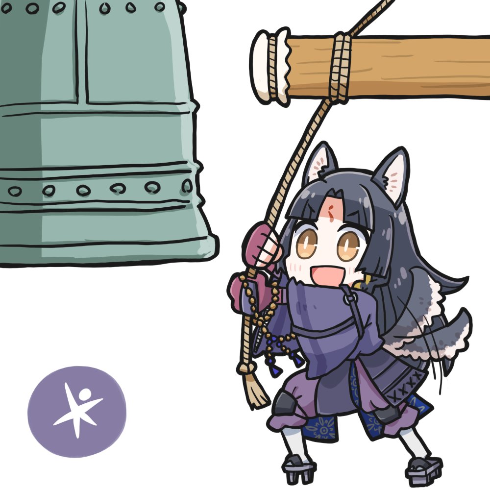 1girl animal_ears arknights bell black_hair black_kimono brown_eyes dog-san dog_ears dog_girl dog_tail facial_mark fingerless_gloves forehead_mark geta gloves japanese_clothes kimono knee_pads long_hair long_sleeves open_mouth pants purple_gloves purple_pants saga_(arknights) signature simple_background smile solo tail tail_wagging white_background wide_sleeves