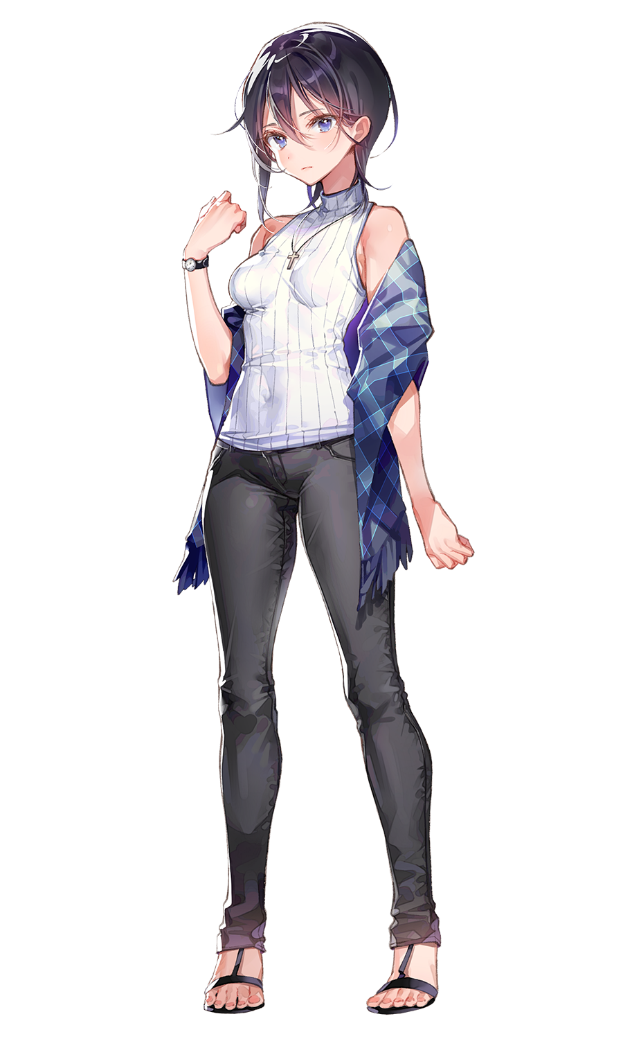 1girl bangs black_hair blue_eyes blue_scarf cross cross_necklace dsmile expressionless full_body hayahoshi_akuru highres jewelry necklace official_art oshi_no_love_yori_koi_no_love pants photoshop_(medium) plaid plaid_scarf ribbed_shirt sandals scarf shirt short_hair sleeveless sleeveless_shirt solo standing tachi-e tight tight_pants toes transparent_background turtleneck watch watch white_shirt