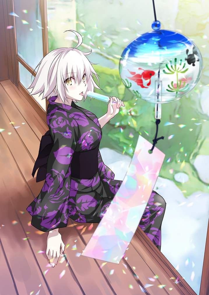 architecture bangs breasts day east_asian_architecture fate/apocrypha fate/grand_order fate_(series) food japanese_clothes jeanne_d'arc_(alter)_(fate) jeanne_d'arc_(fate)_(all) kimono large_breasts morinagalemonad petals popsicle purple_kimono short_hair silver_hair tsurime wind wind_chime yellow_eyes