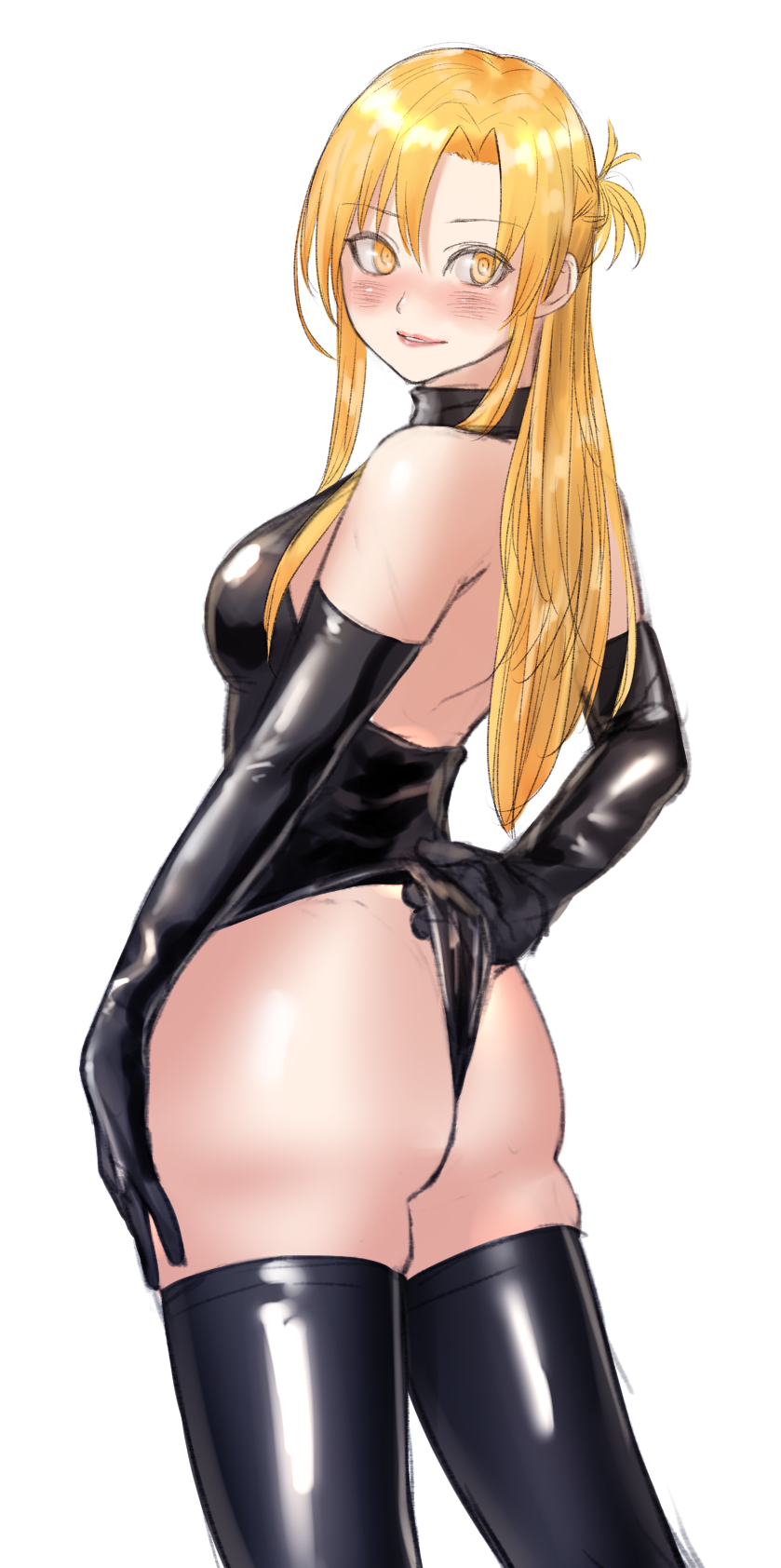 1girl ass asuna_(sao) bare_shoulders black_gloves black_leotard blonde_hair blush braid breasts cowboy_shot elbow_gloves french_braid gloves halterneck highres kilye_kairi latex latex_gloves latex_leotard leotard leotard_pull long_hair looking_at_viewer looking_back parted_lips simple_background smile solo standing sword_art_online thigh-highs thong_leotard wedgie white_background yellow_eyes