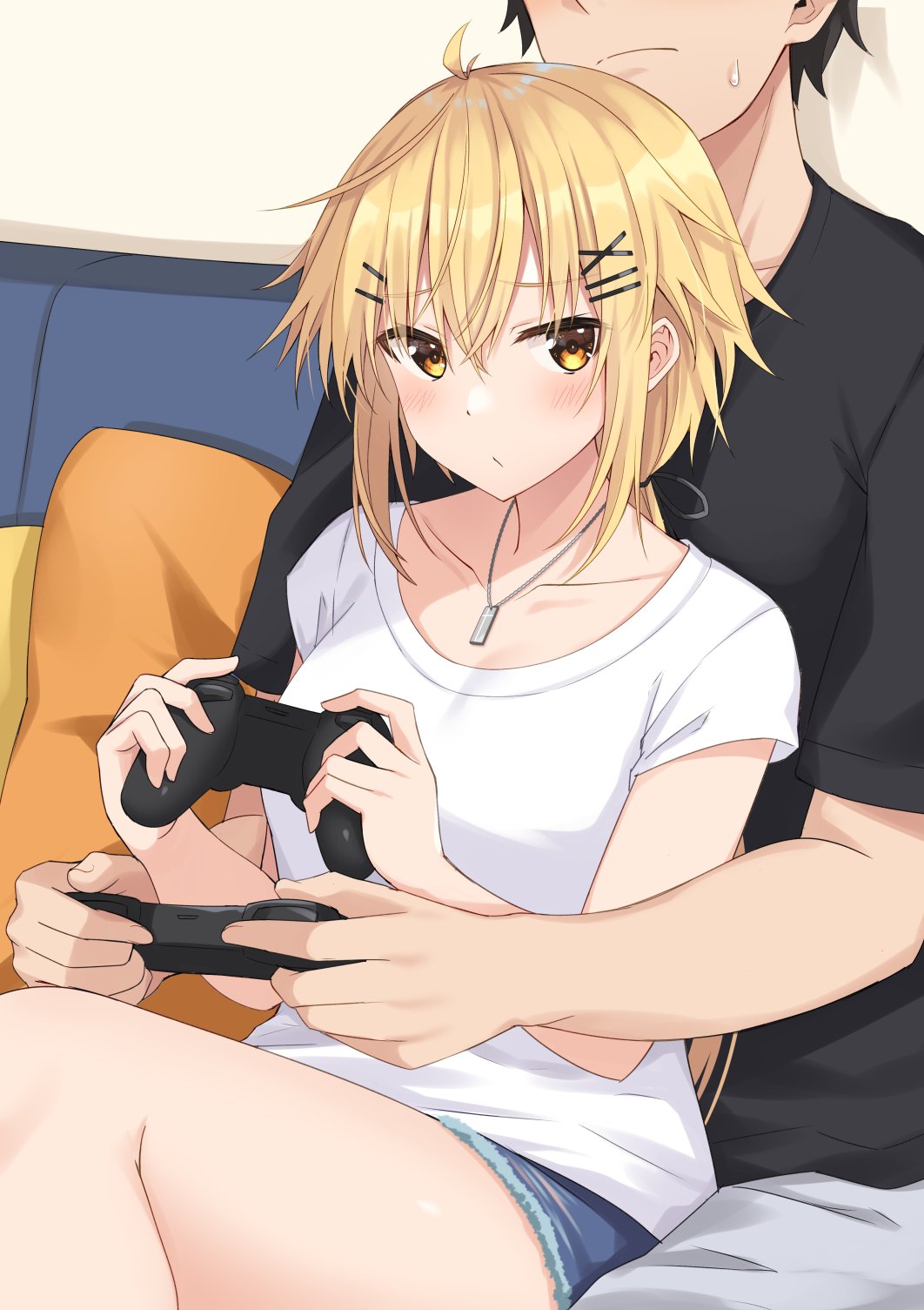 1boy 1girl bangs black_hair black_skirt blonde_hair blue_shorts blush breasts brown_eyes closed_mouth collarbone commentary_request controller couch cutoffs denim denim_shorts eyebrows_visible_through_hair feet_out_of_frame game_controller grey_pants hair_between_eyes hair_ornament hairclip head_out_of_frame highres holding komori_kuzuyu medium_breasts nao_(kuzuyu) on_couch original pants pillow shirt short_shorts short_sleeves shorts sitting sitting_on_lap sitting_on_person skirt sweat white_shirt x_hair_ornament