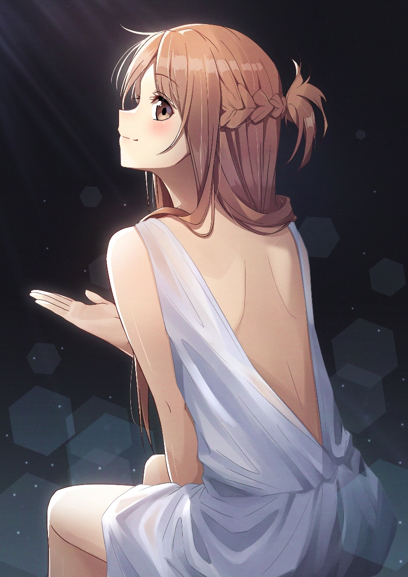 1girl asuna_(sao) backless_dress backless_outfit between_legs black_background blush braid brown_eyes brown_hair celebrim closed_mouth dress eyebrows_visible_through_hair french_braid from_behind hand_between_legs long_hair looking_back profile shiny shiny_hair short_dress shoulder_blades sitting sleeveless sleeveless_dress smile solo sunlight sword_art_online very_long_hair white_dress