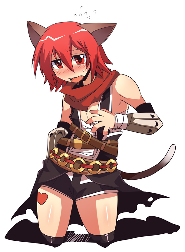 1boy animal_ears assassin_cross_(ragnarok_online) bandaged_chest bangs black_cape black_legwear black_shorts blush cape cat_ears cat_tail commentary_request crossdressinging emon-yu eyebrows_visible_through_hair fang flying_sweatdrops full_body hair_between_eyes kneehighs kneeling looking_at_viewer male_focus misty_(ragnarok_online) open_mouth otoko_no_ko ragnarok_online red_eyes red_scarf redhead scarf short_hair shorts simple_background solo tail torn_cape torn_clothes vambraces waist_cape white_background