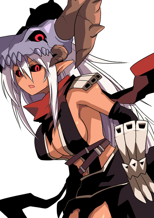 1girl armor assassin_cross_(ragnarok_online) bangs black_cape black_gloves black_leotard black_sclera breasts cape colored_sclera commentary_request cowboy_shot elbow_gloves emon-yu eyebrows_visible_through_hair genderswap genderswap_(ftm) gloves hair_between_eyes horns leotard long_hair looking_at_viewer medium_breasts open_mouth pauldrons pointy_ears ragnarok_online red_eyes red_scarf revealing_clothes scarf shoulder_armor simple_background skull skull_on_head solo tan vambraces waist_cape white_background white_hair